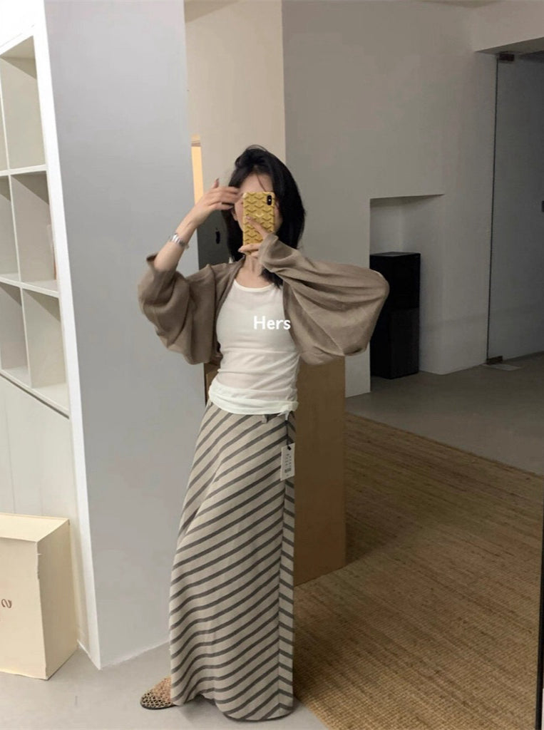 HERS> 條紋麻料半裙 21083#