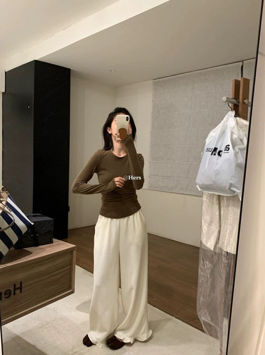 HERS>#純色花邊闊腿褲 10002#