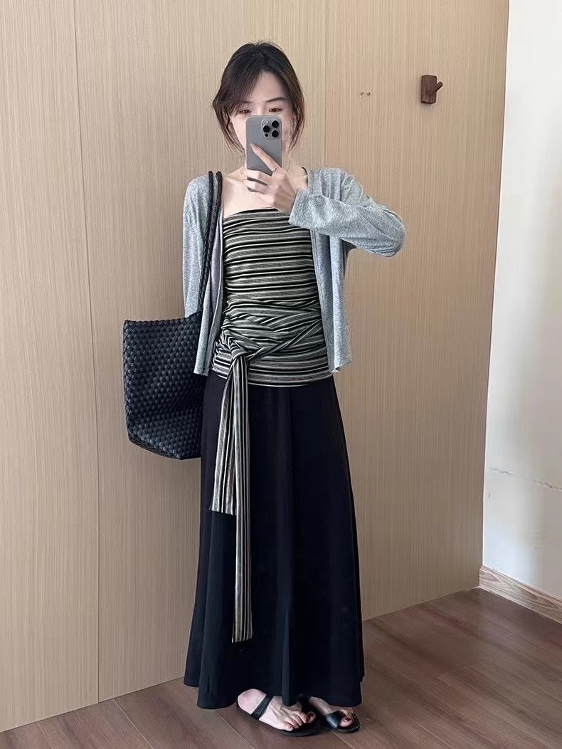 NENE - 慵懶開衫+綁帶背心+空氣棉半裙3件套  9326#