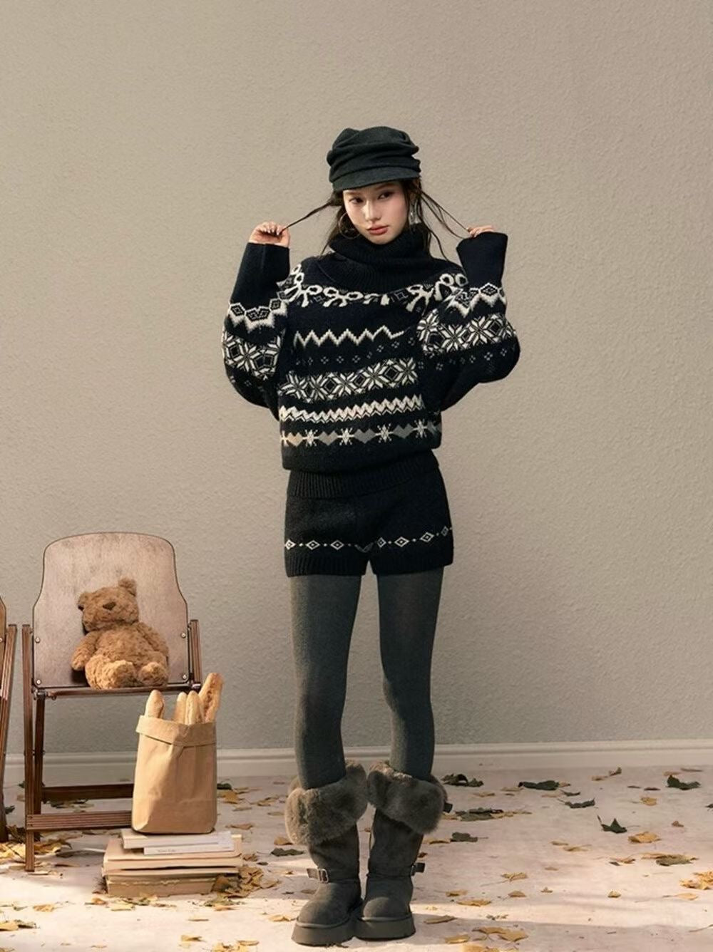 YJNN - 復古費爾島高領毛衣套裝  1189#