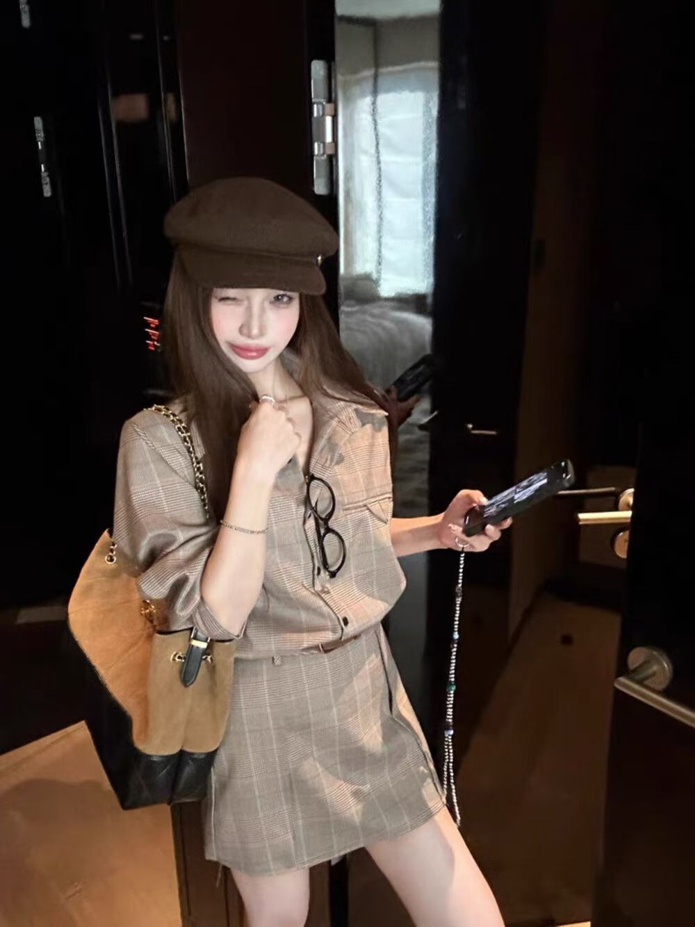 YJIA - 英倫風格子設計感套裝(含腰帶) 9369#