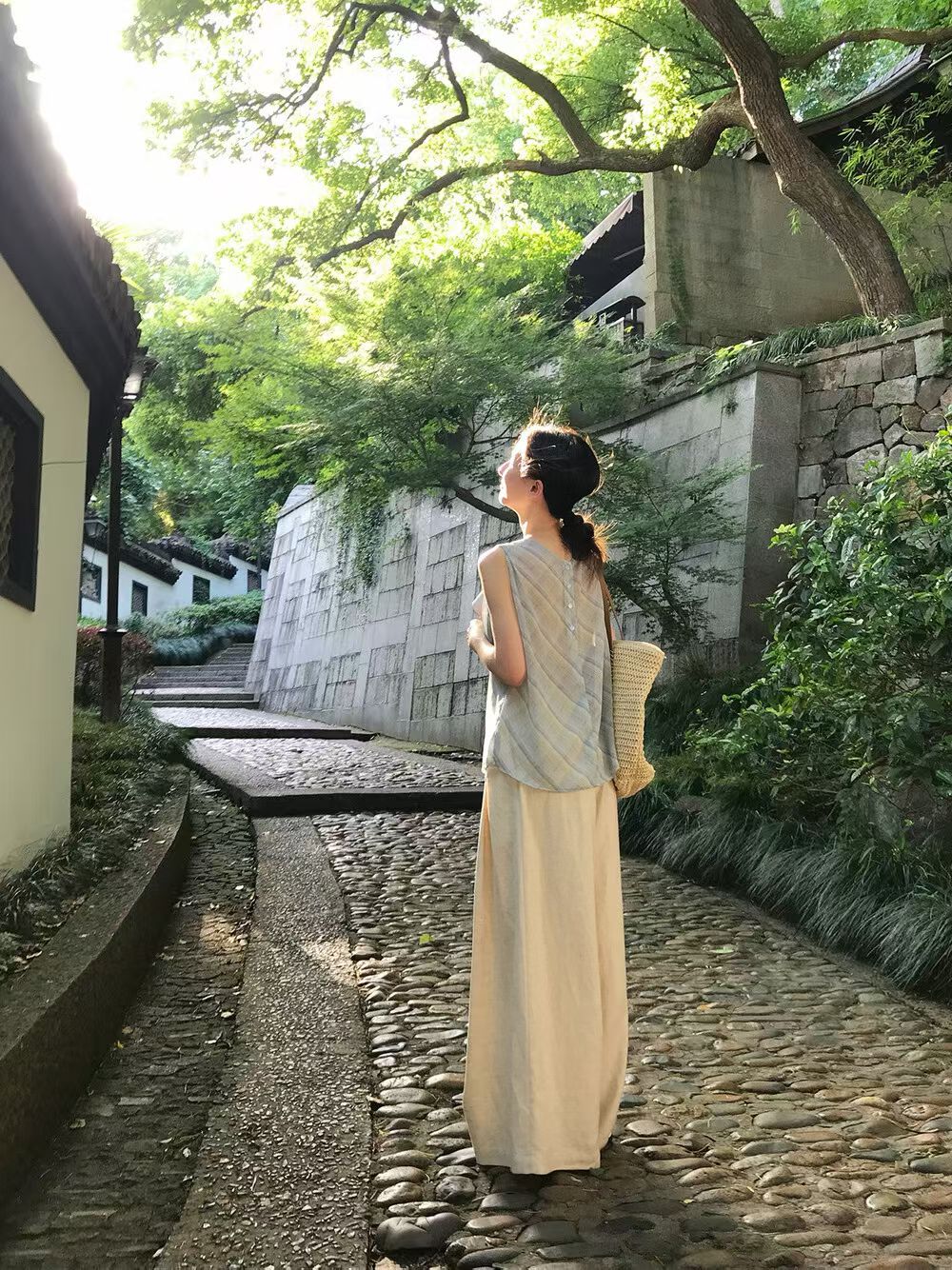 YJ - 蕩領格紋無袖上衣&休閒闊腿褲套裝  1608#