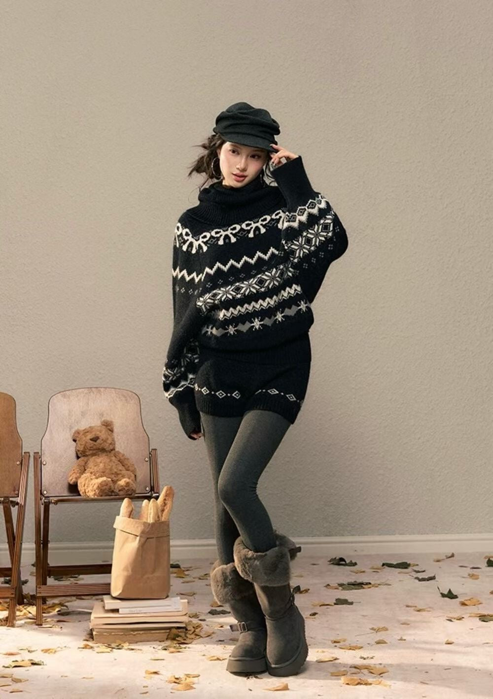 YJNN - 復古費爾島高領毛衣套裝  1189#