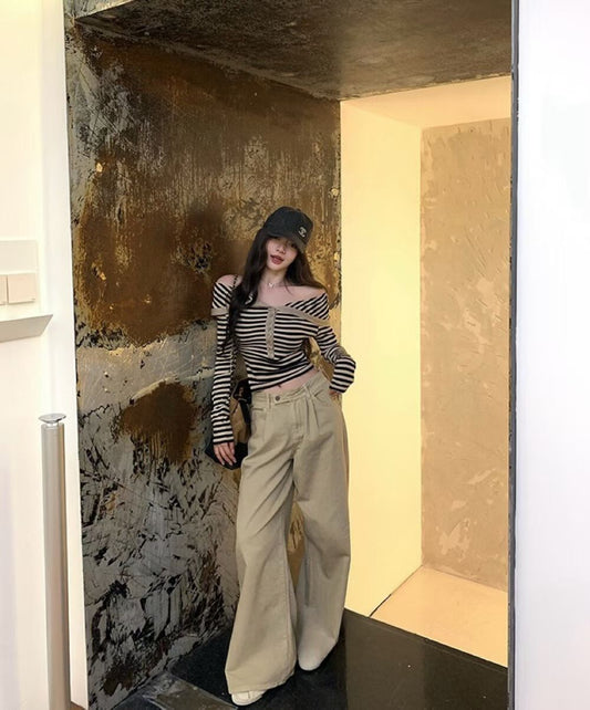 YJ - 翻領一字肩休閒套裝   8825#