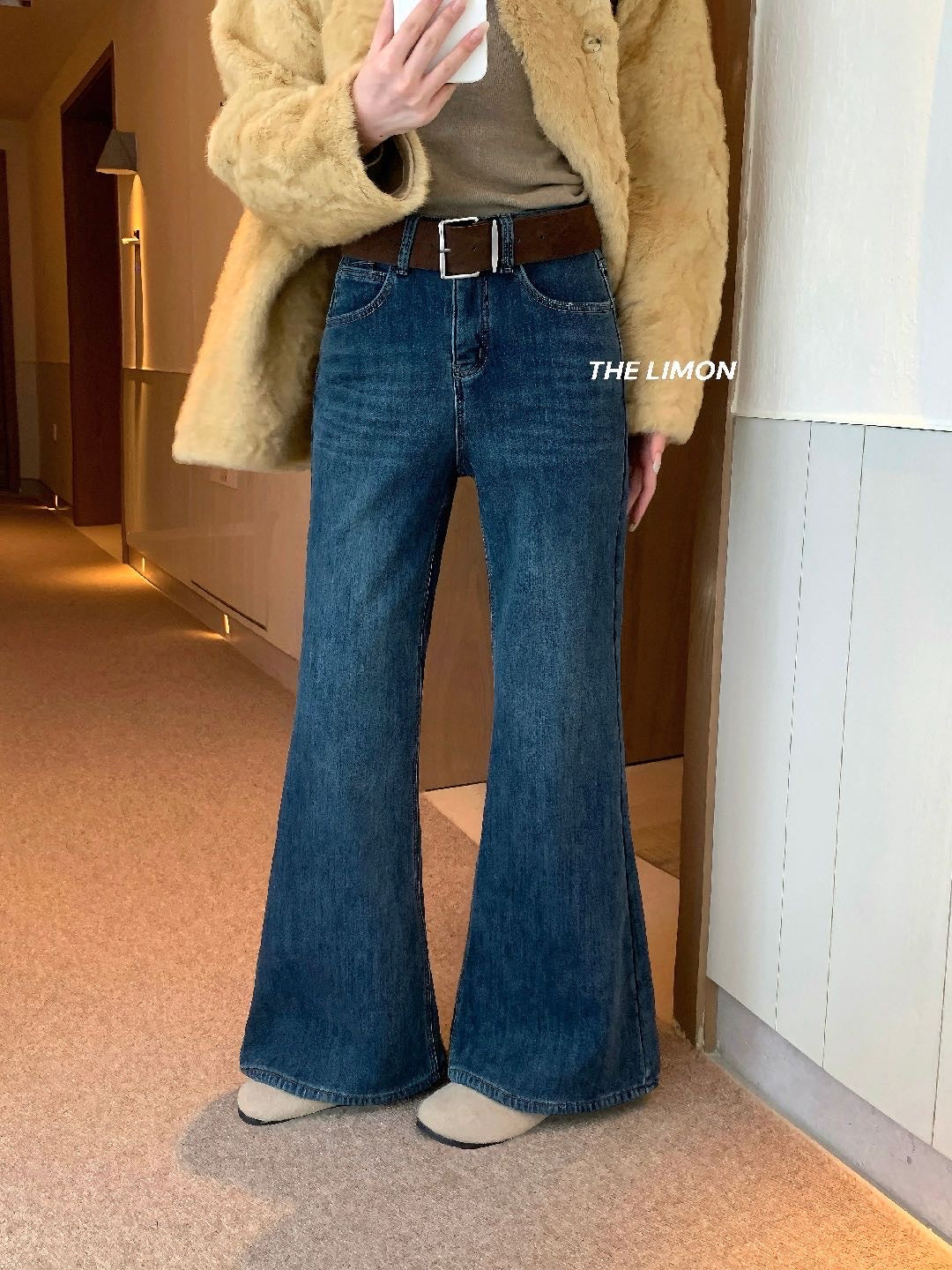 LIMON - 超模柔絨牛仔褲2色配腰帶 2636#
