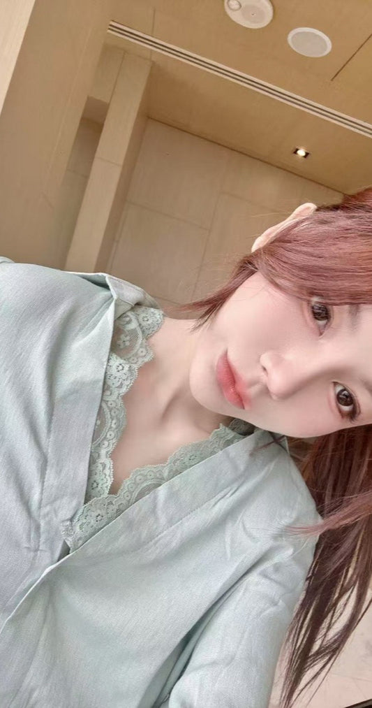 STH  蕾絲顯白綠薄襯衫  0601#