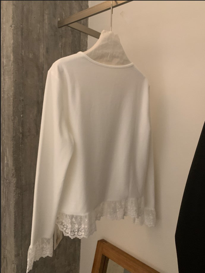 i miss - 刷毛蕾絲花邊素T