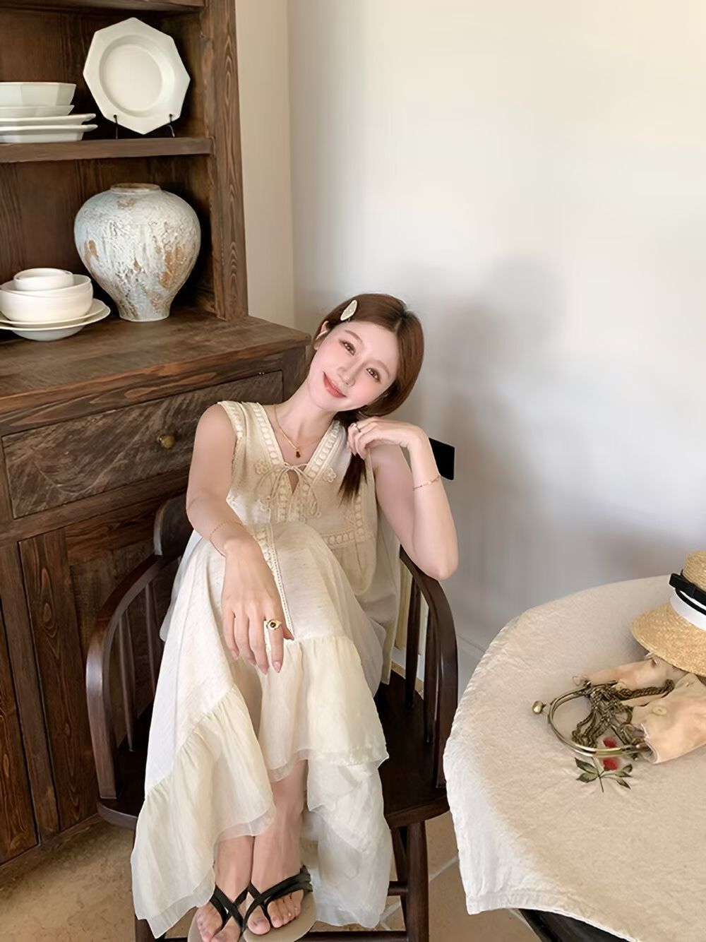 YJ - 氣質勾花天絲亞麻連身裙洋裝   1123#