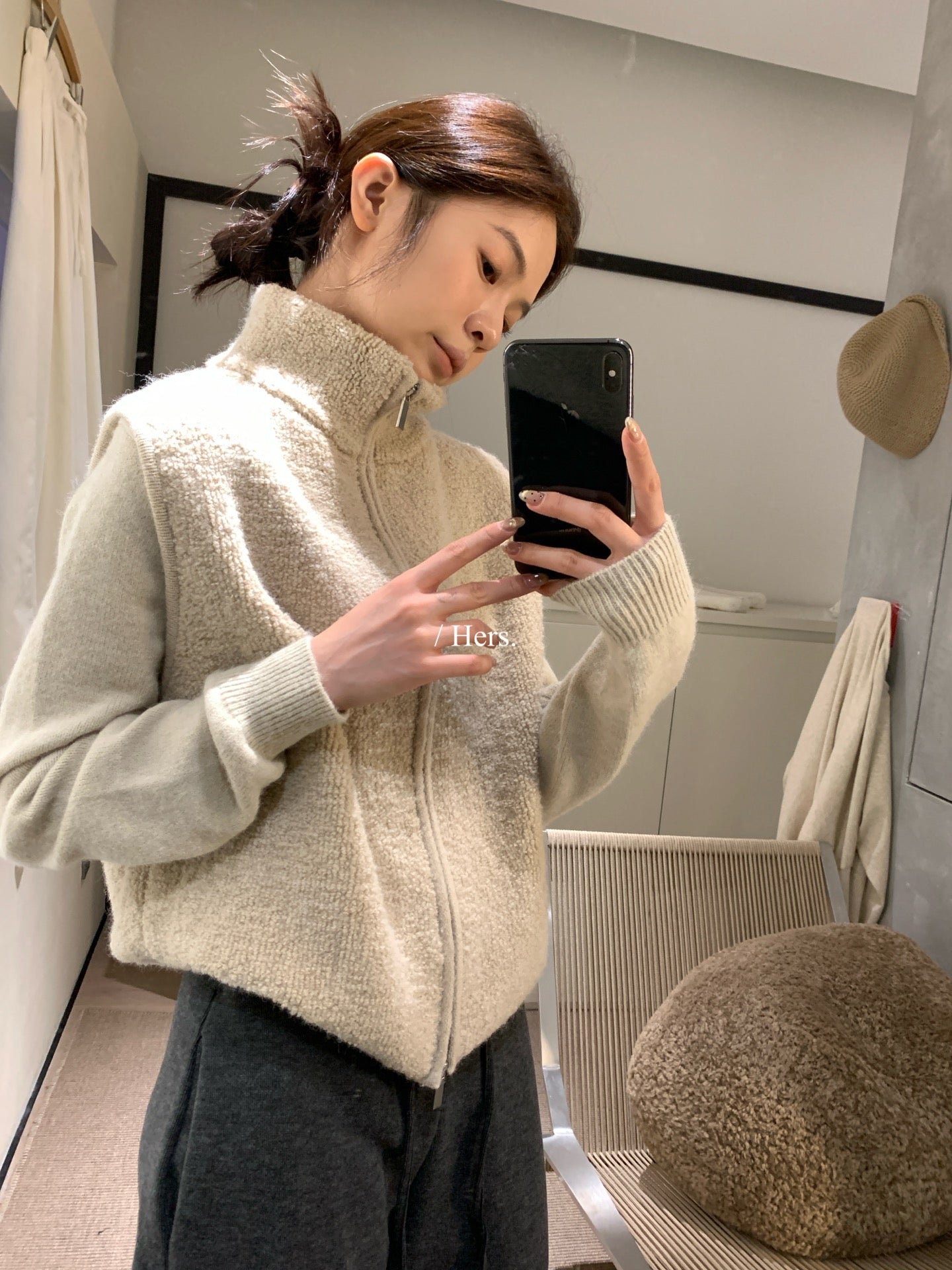 Hers - 毛毛高領雙拉鍊背心  92623#